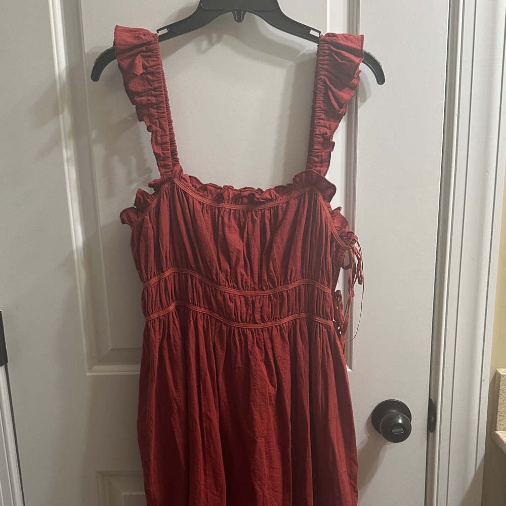 Heyson Rust Ruffled Strap Mini Dress with Button detail & Tie Side